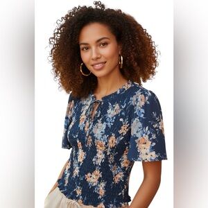 Maurices Navy Floral Smocked Flutter Sleeve Boho Top Size Large